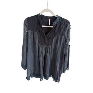 Free People Womens Black Boho Kimono Bell Sleeve Lace Trim Sparkly Tunic Top XS